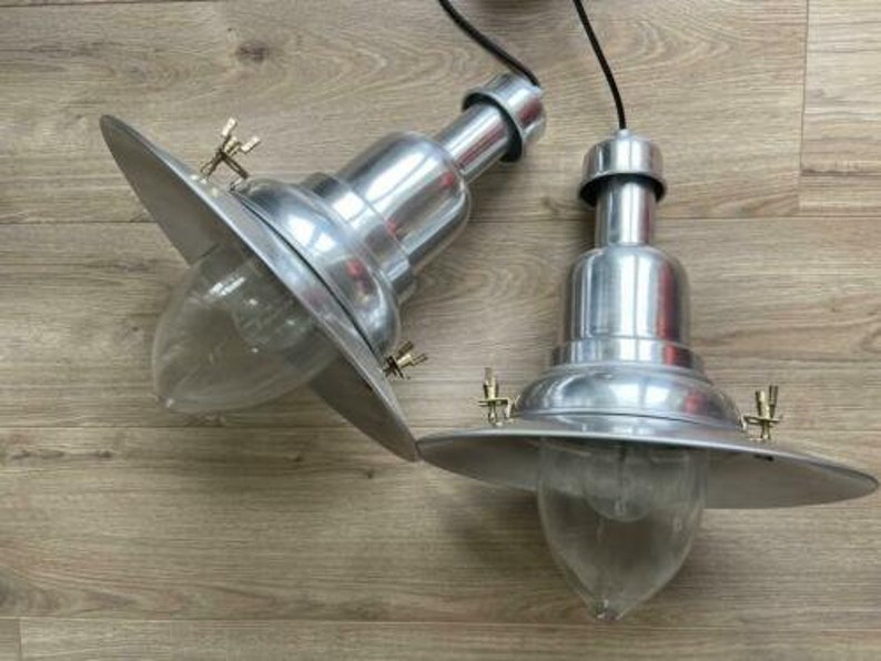 Two chrome fishing lamps ship lamps pendant lamps ceiling lamps vintage retro design navy style