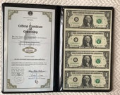 Sheet of Four Uncut Dollar Bills 2009 Government issued Padded folder from World Reserve Monetary Exchange included