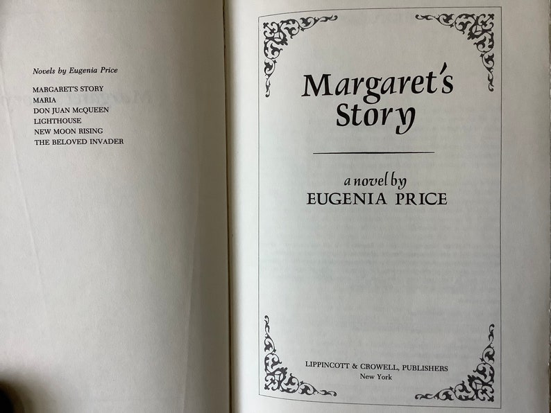 May include: Book cover for "Margaret's Story" by Eugenia Price. The cover features a decorative border and the title in a large, bold font.