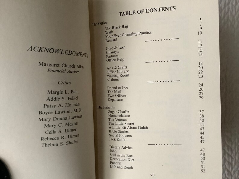 Op de afbeelding: Een boek getiteld "The Office" met een inhoudsopgave met hoofdstukken zoals "The Black Bag", "Walk", "Your Ever Changing Practice", "Reward", "Give & Take", "Changes", "Partners", "Office Help", "Arts & Crafts", "Office Library", "Waiting Room", "Visitors", "Friend or Foe", "The Mail", "Two Offices", "Departure", "Sugar Charlie", "Nomenclature", "The Veteran", "The Little Secret", "A Little Bit About Gulah", "Bible Stories", "Social Flowers", "Jack Knife", "Dietary Advice", "John", "Still in the Box", "Decoration Diet", "Funeral", "Life and Death".
