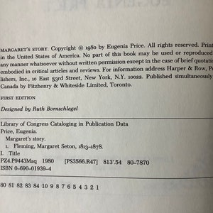 May include: A book titled "Margaret's Story" by Eugenia Price. The book cover features the title, author, copyright information, and Library of Congress Cataloging in Publication Data. The book was published in 1980 by Harper & Row, Publishers, Inc.