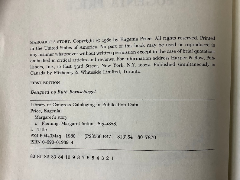 May include: A book titled "Margaret's Story" by Eugenia Price. The book cover features the title, author, copyright information, and Library of Congress Cataloging in Publication Data. The book was published in 1980 by Harper & Row, Publishers, Inc.