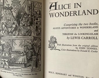 May include: A book page featuring the title Alice in Wonderland, comprising the two books, Alice's Adventures in Wonderland and Through the Looking-Glass by Lewis Carroll, with illustrations by John Tenniel and Donald E. Cooke.