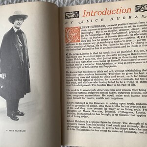 May include: A black and white photo of Elbert Hubbard, a man wearing a hat and coat, standing next to a bookshelf. The text "Introduction by Alice Hubbard" is visible at the top of the page. The text "Elbert Hubbard" is visible at the bottom of the page.