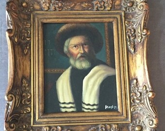 Vintage Religious Painting of Rabbi and Torah Scrolls