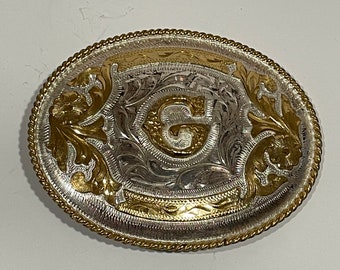 Letter G Monogram Initial Floral Engraved Gold Silver Tone Metal Belt Buckle Alpaca Mexico