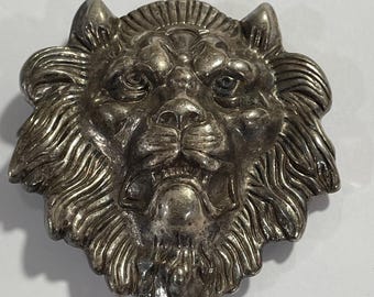 LION Face Detailed Silver Tone Heavy Metal Belt Buckle Vintage Unique Rare