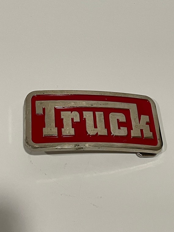 Truck Red Enamel Silver Tone Metal Belt Buckle VI… - image 1