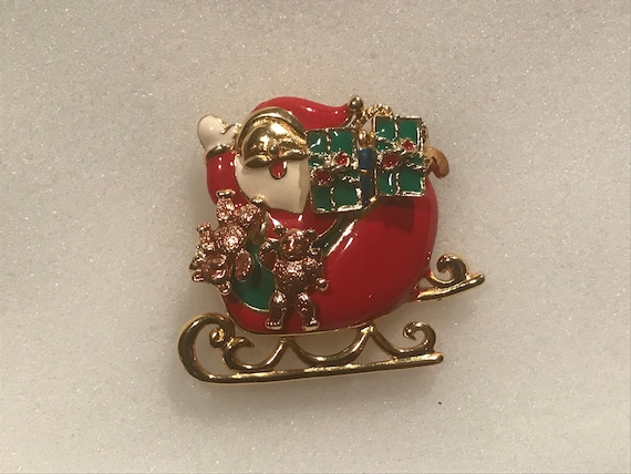 Santa In Sleigh Enamel Gold Tone Metal Brooch Sig… - image 1