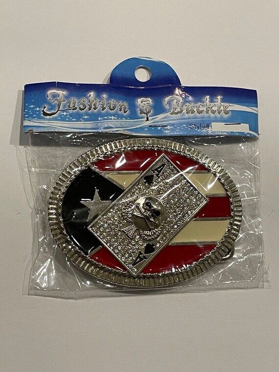 Skull Ace of Spades on Puerto Rico Flag Rhinestones M… Gem