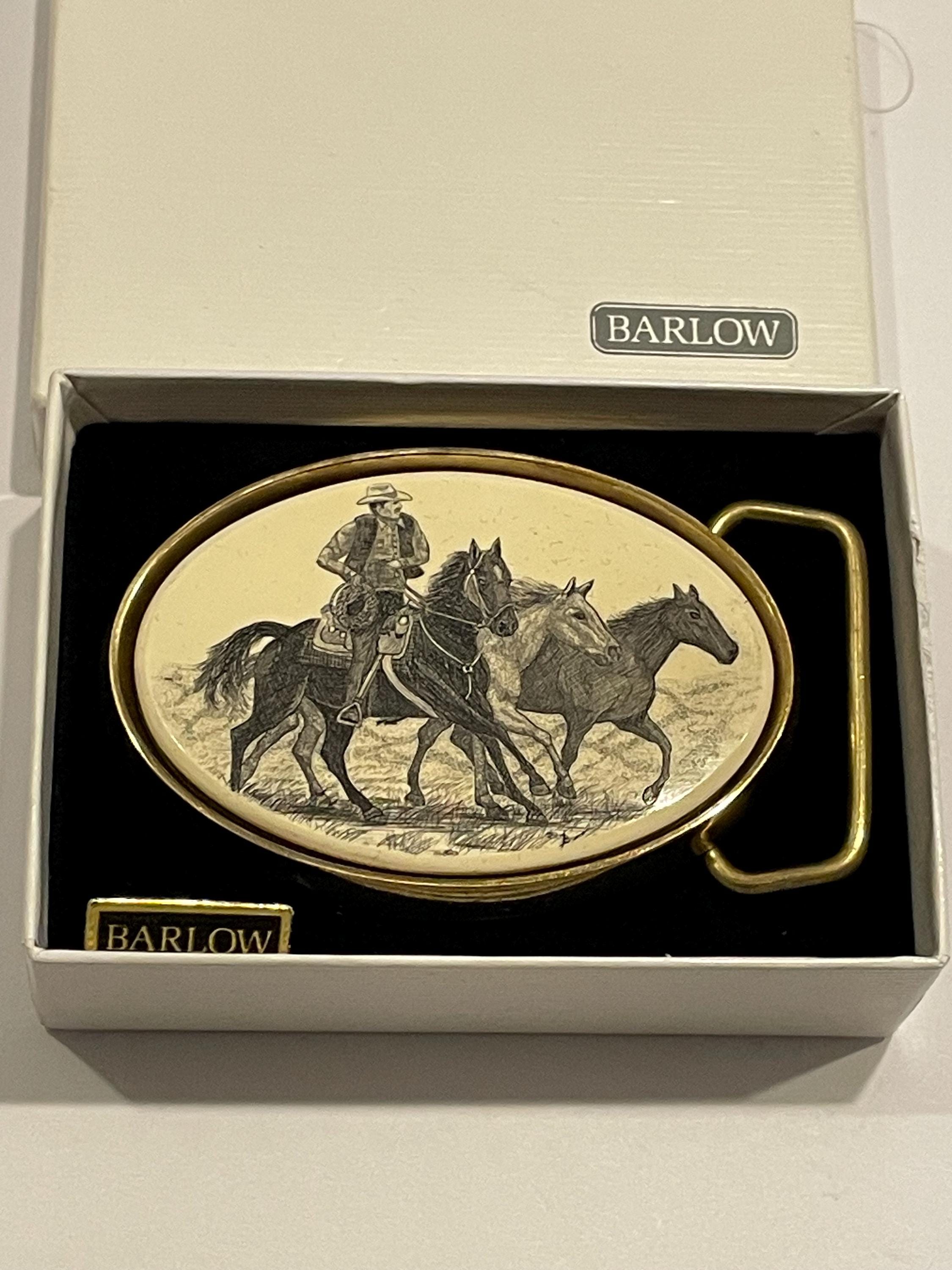 BARLOW WESTERN COWBOY Horses Scrimshaw Solid Brass Belt  display picture 1