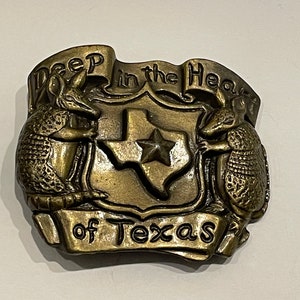 DEEP in the HEART of TEXAS Double Armadillo Brass Belt Buckle Vintage Unique Rare