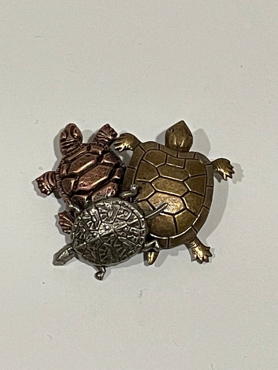 Tricolor Metal Turtle Triple Turtles Brooch Pin S… - image 1