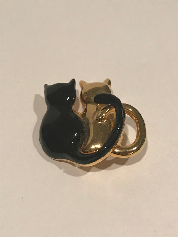 Black & Gold Cats Sitting Together Enamel Gold To… - image 1