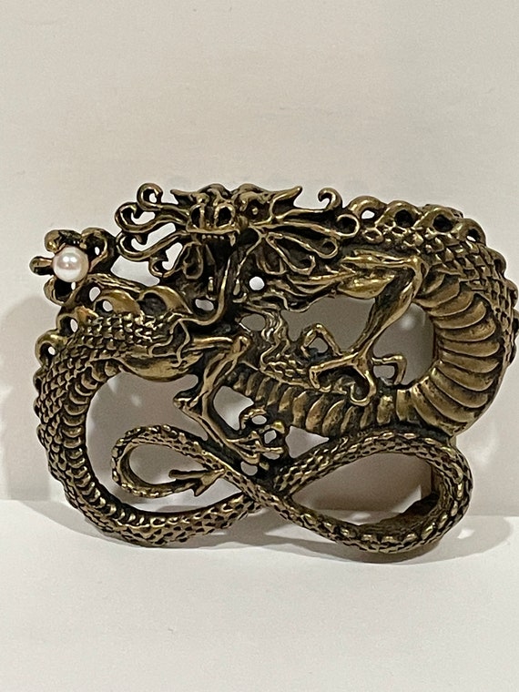 Dragon Holding a Pearl Solid Brass Belt Buckle Art