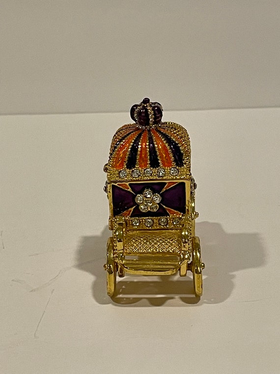 Golden Carriage Trinket Box Rhinestones Enamel Go… - image 4