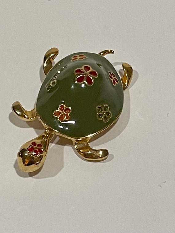 Floral Turtle Enamel Gold Tone Metal Brooch Pin V… - image 3