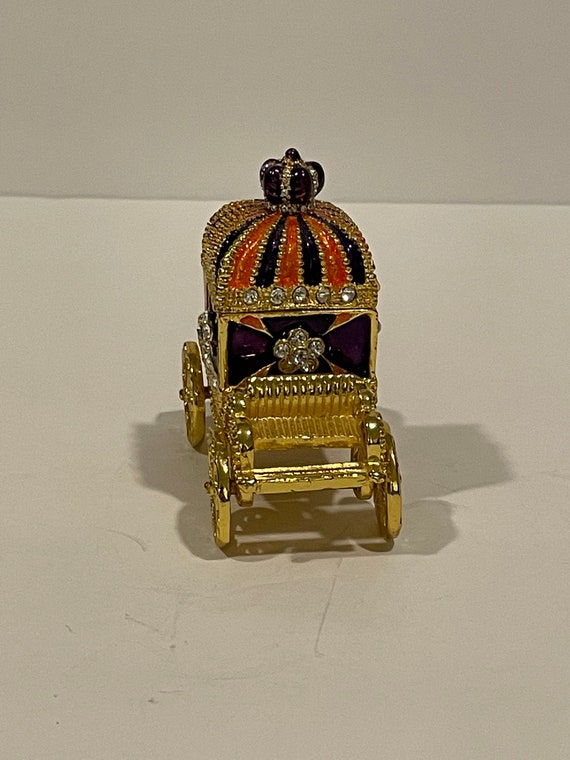 Golden Carriage Trinket Box Rhinestones Enamel Go… - image 2