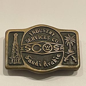 ISCOSA SAUDI ARABIA Oil Industry Services Anacortes Solid Brass Belt Buckle 1981 Vintage Unique Rare