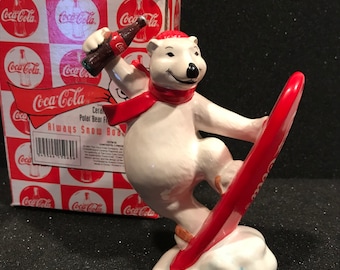 Coca Cola Polar Bear Always Snow Boarding Ceramic Figurine by Enesco 1996.VINTAGE UNIQUE RARE