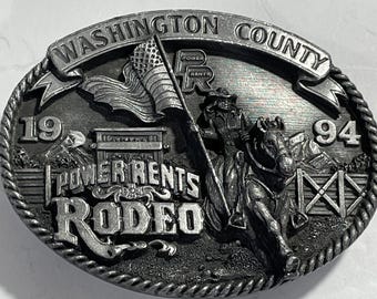 POWER RENTS RODEO Washington County Siskiyou Heavy Pewter Belt Buckle 1994 Limited
