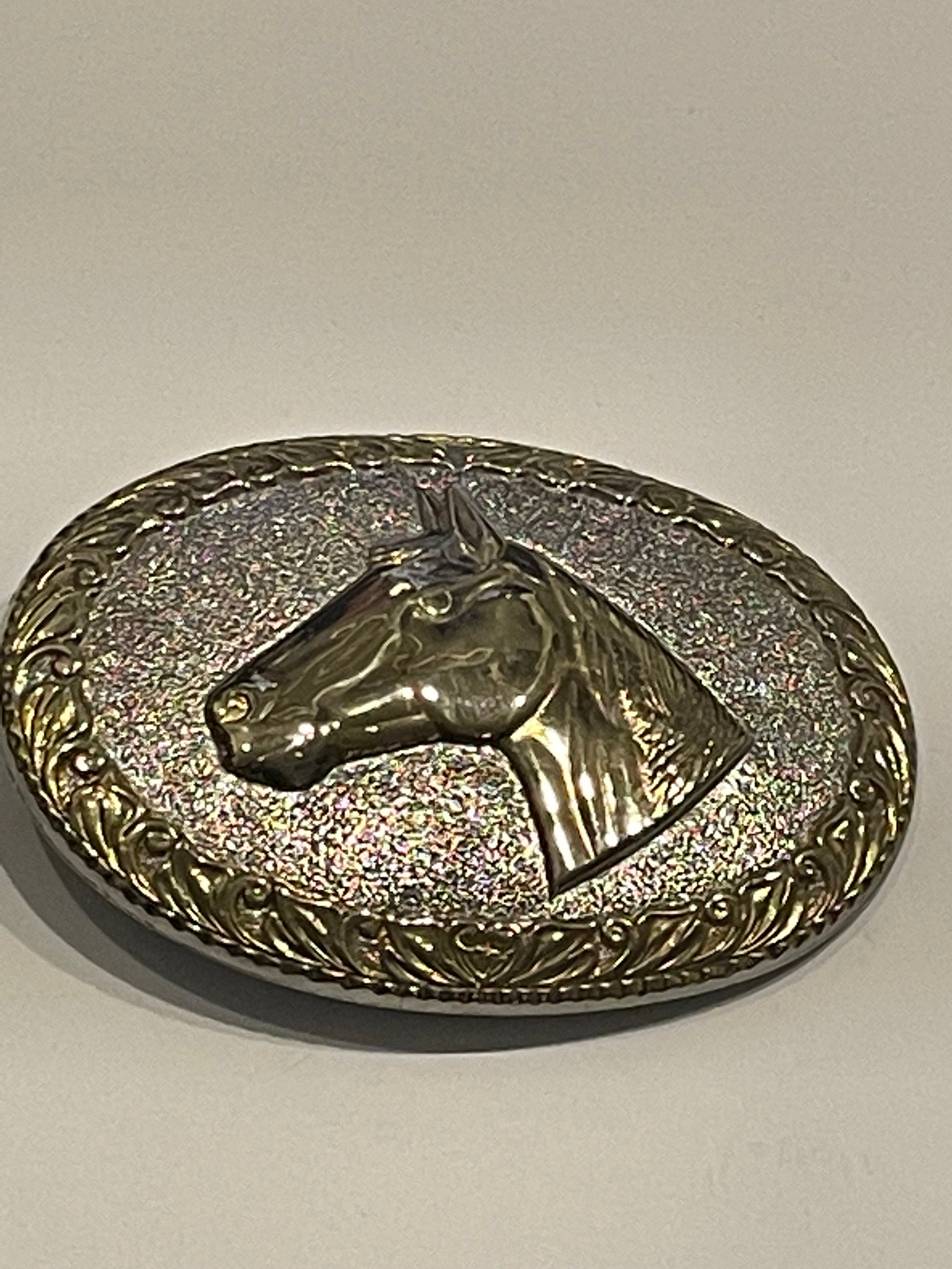 vintage Chambers Belt Co. Western-style belt buckle featuring a gold-toned horse WESTERN HORSES & WAGON BELT BUCKLE! VINTAGE! RARE! CHAMBERS  main image 2