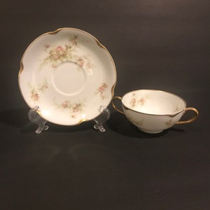 Limoges Haviland Floral Gold Trim Two Handles Soup Tea Cup & Saucer France.VINTAGE UNIQUE RARE
