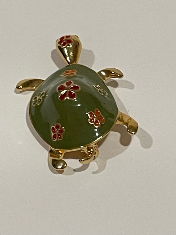 Floral Turtle Enamel Gold Tone Metal Brooch Pin V… - image 4