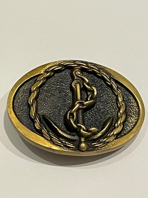 Vintage Brass Nautical Navy Buckle – Military Style Metal Belt Buckle – Blue Accents
