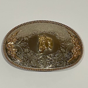 Western Horse Head Floral Engraving Gold on Silver Nickel  display picture 3