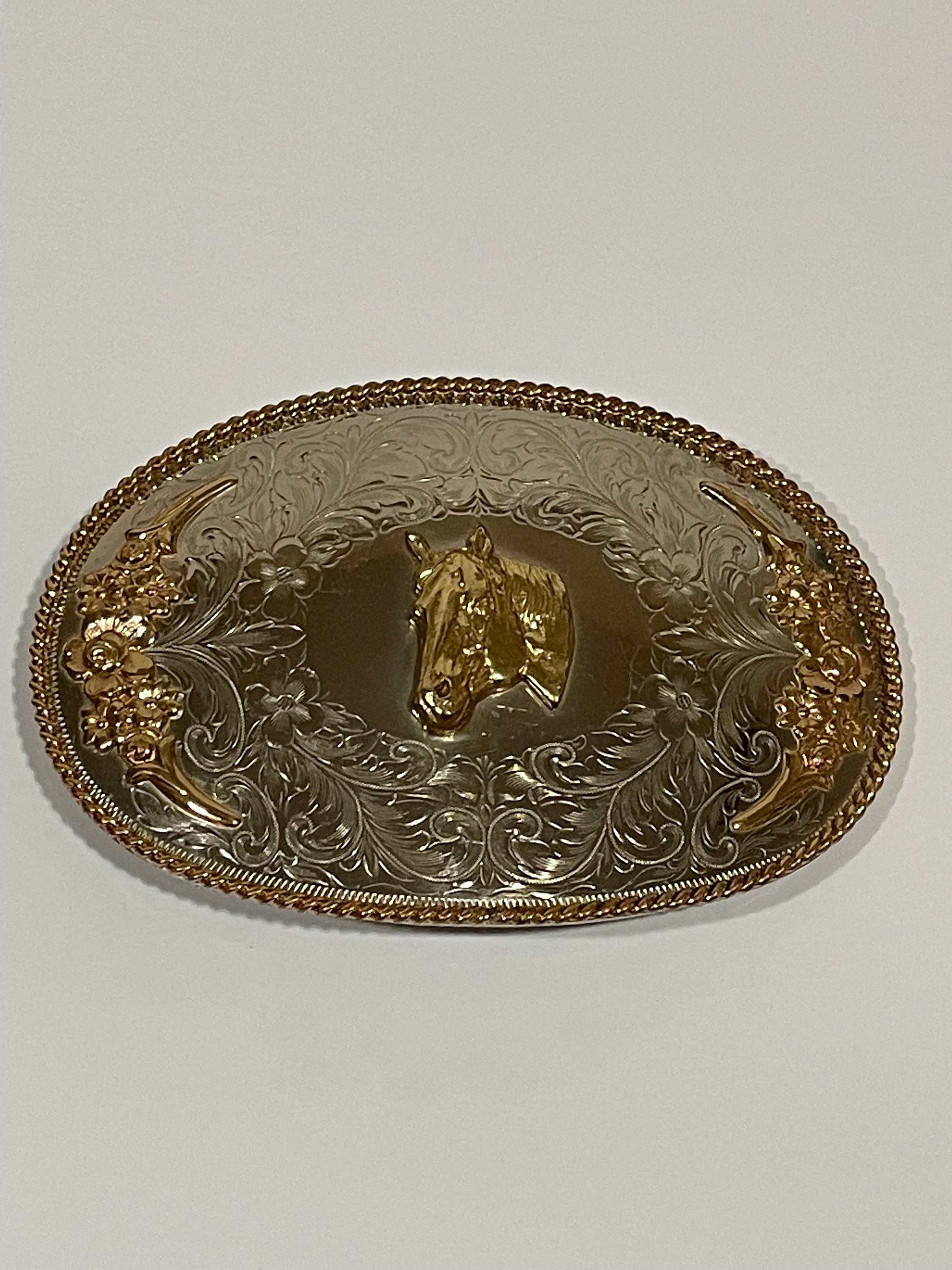 Vintage engraved silver gold tone horse floral belt buckle large estate sale Gold Dancing Horse Silver Engraved Flowers Gold Frame Belt  main image 2