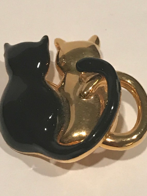 Black & Gold Cats Sitting Together Enamel Gold To… - image 2