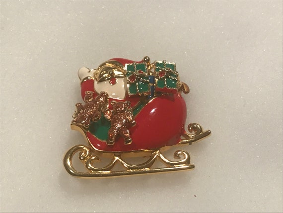 Santa In Sleigh Enamel Gold Tone Metal Brooch Sig… - image 2