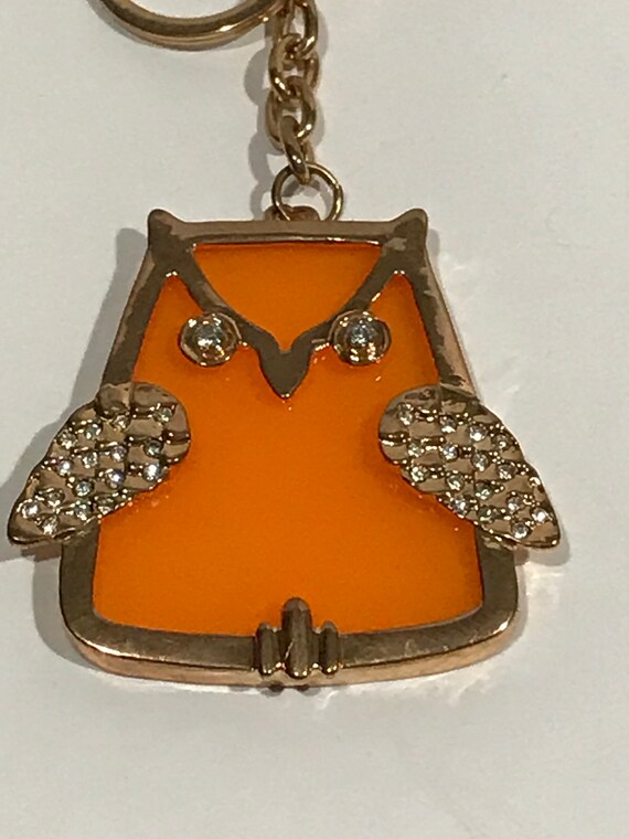 Vintage Orange Owl Clear Rhinestones Gold Tone Me… - image 2