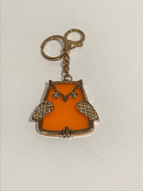 Vintage Orange Owl Clear Rhinestones Gold Tone Me… - image 1