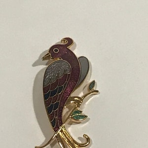 Pheasant Bird on Branch Enamel Gold Tone Metal Brooch Pin Vintage Unique Rare