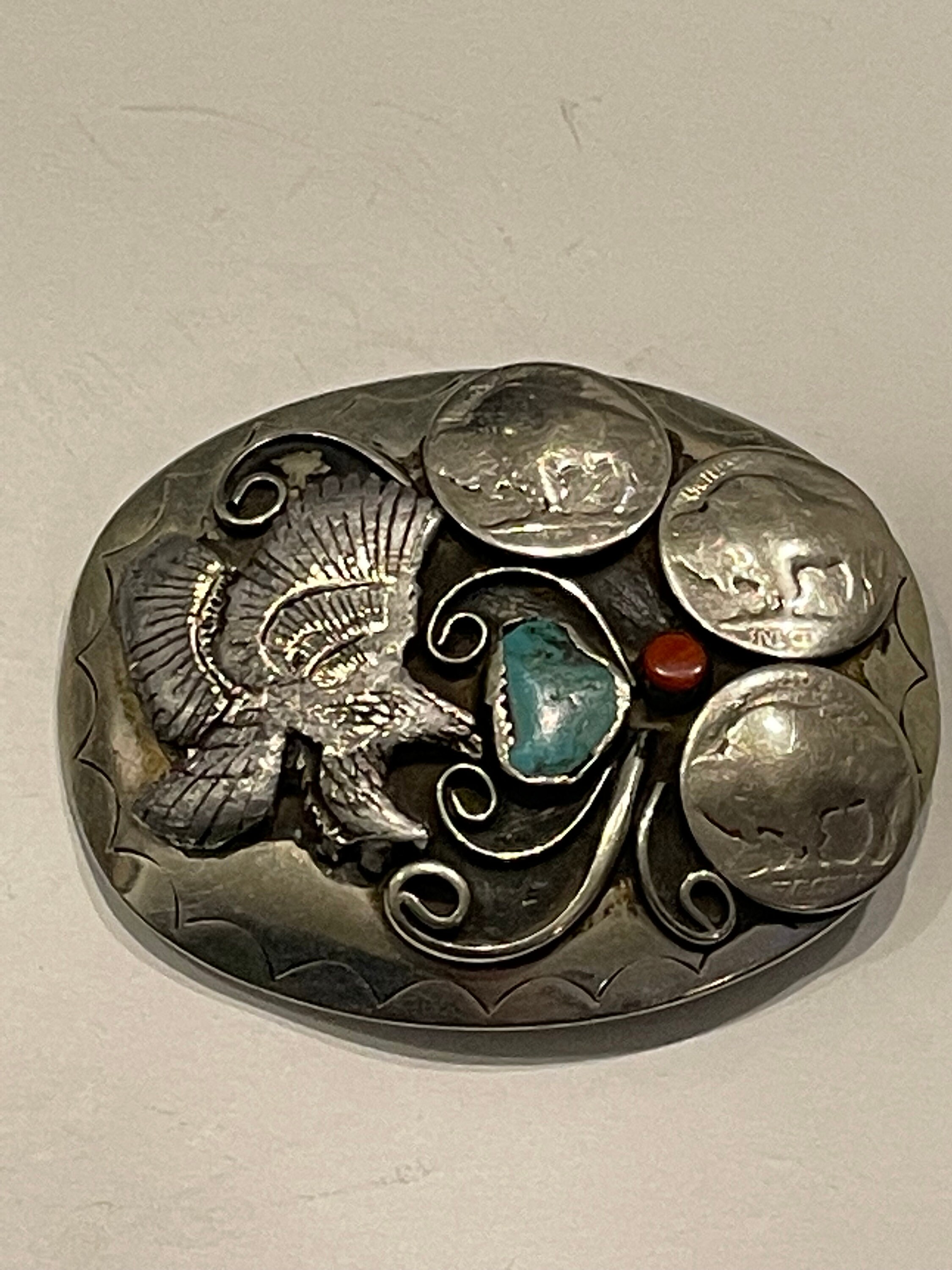 STONES & COINS EAGLE Turquoise Coral Buffalo Coins Silver  display picture 1