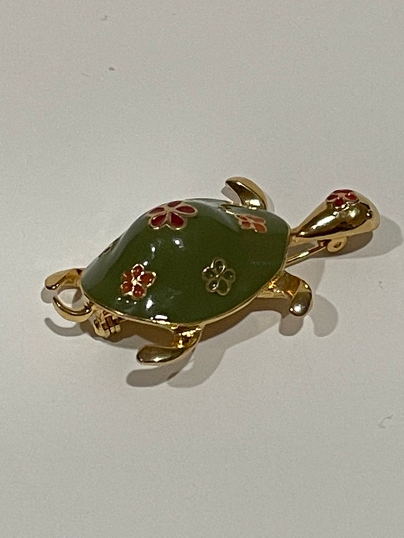 Floral Turtle Enamel Gold Tone Metal Brooch Pin V… - image 2