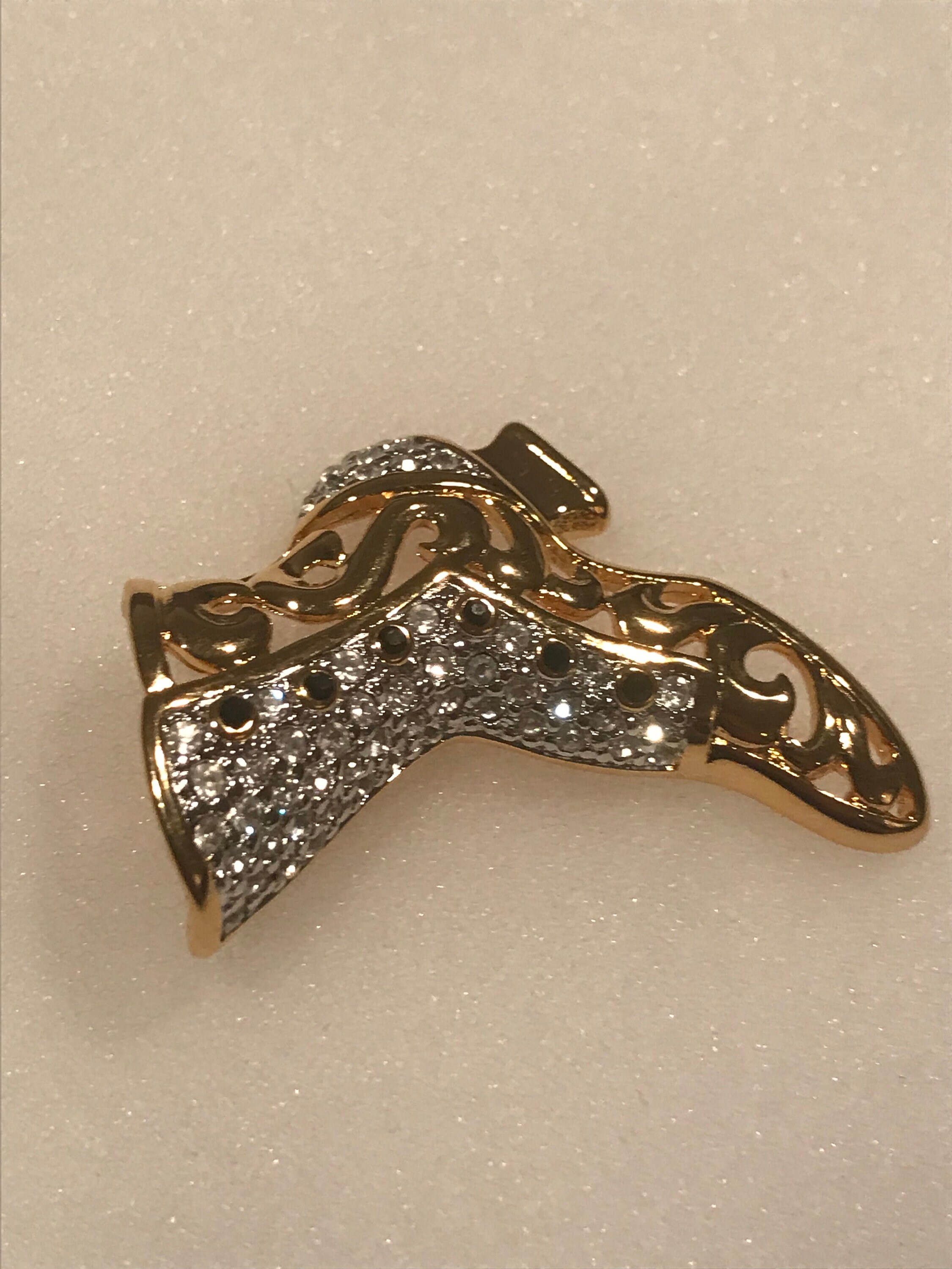 KJL Boot Shoe Rhinestones Gold Tone Metal Brooch Pin Signed