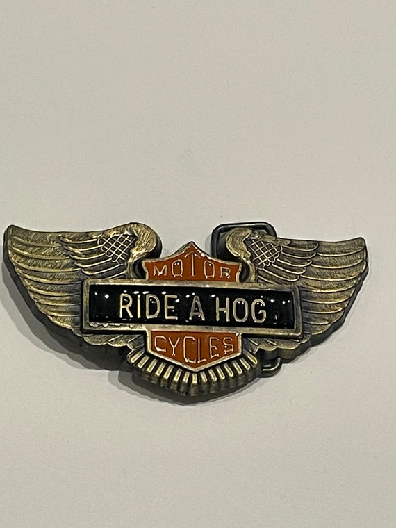 RIDE A HOG Motorcycle Wings Enamel Brass Metal Bel