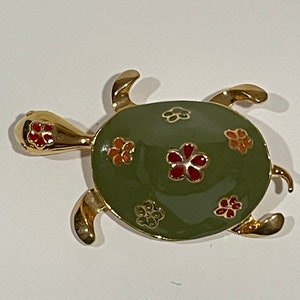 Floral Turtle Enamel Gold Tone Metal Brooch Pin VINTAGE UNIQUE RARE