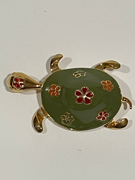 Floral Turtle Enamel Gold Tone Metal Brooch Pin V… - image 1