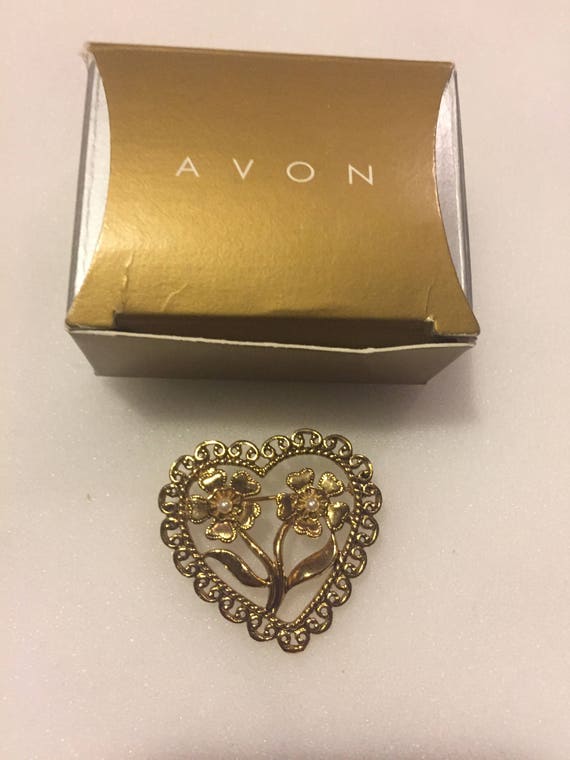 Vintage Avon Antiqued Heart Gold Tone Flower Faux 