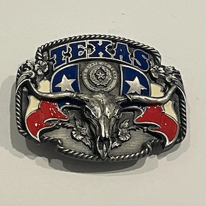 TEXAS LONE STAR State of Texas Long Horn Bull Flag Siskiyou Enamel Pewter Belt Buckle 1995 Vintage Unique Rare