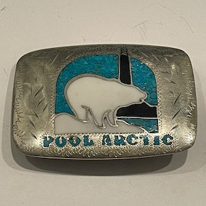 POOL ARCTIC ALASKA Oil Well Polar Bear Inlay Metal Belt Buckle Vintage Unique Rare