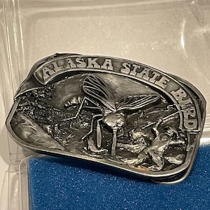 ALASKA State Bird ALASKAN MOSQUITOES Pewter Belt Buckle 1983 Vintage Unique Rare
