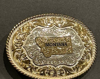 MONTANA State Map MONTANA SILVERSMITHS Silver Plate Belt Buckle Vintage Unique Rare