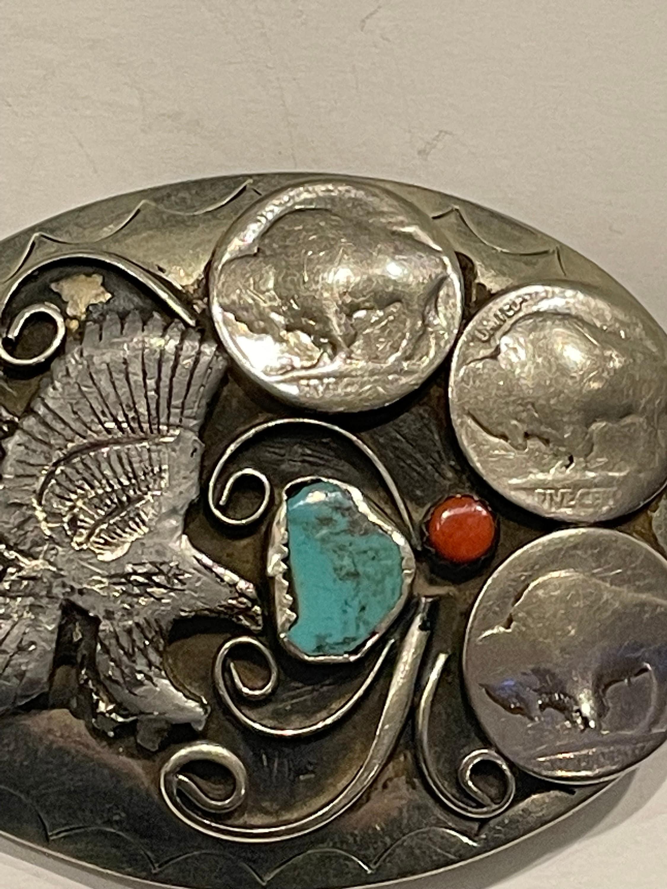 Vintage Western Eagle Belt Buckle Spiny Coral Turquoise Nugget Quarter Coins Navajo Turquoise Red Coral Buffalo Nickel Belt Buckle Eagle  main image 3
