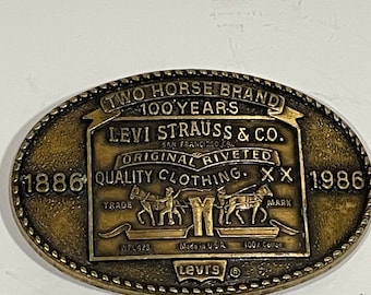 Two Horse Brand 100 Years Levi- Strauss & Co. 1886-1986 Brass Belt Buckle VINTAGE UNIQUE RARE