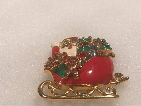 Santa In Sleigh Enamel Gold Tone Metal Brooch Sig… - image 3